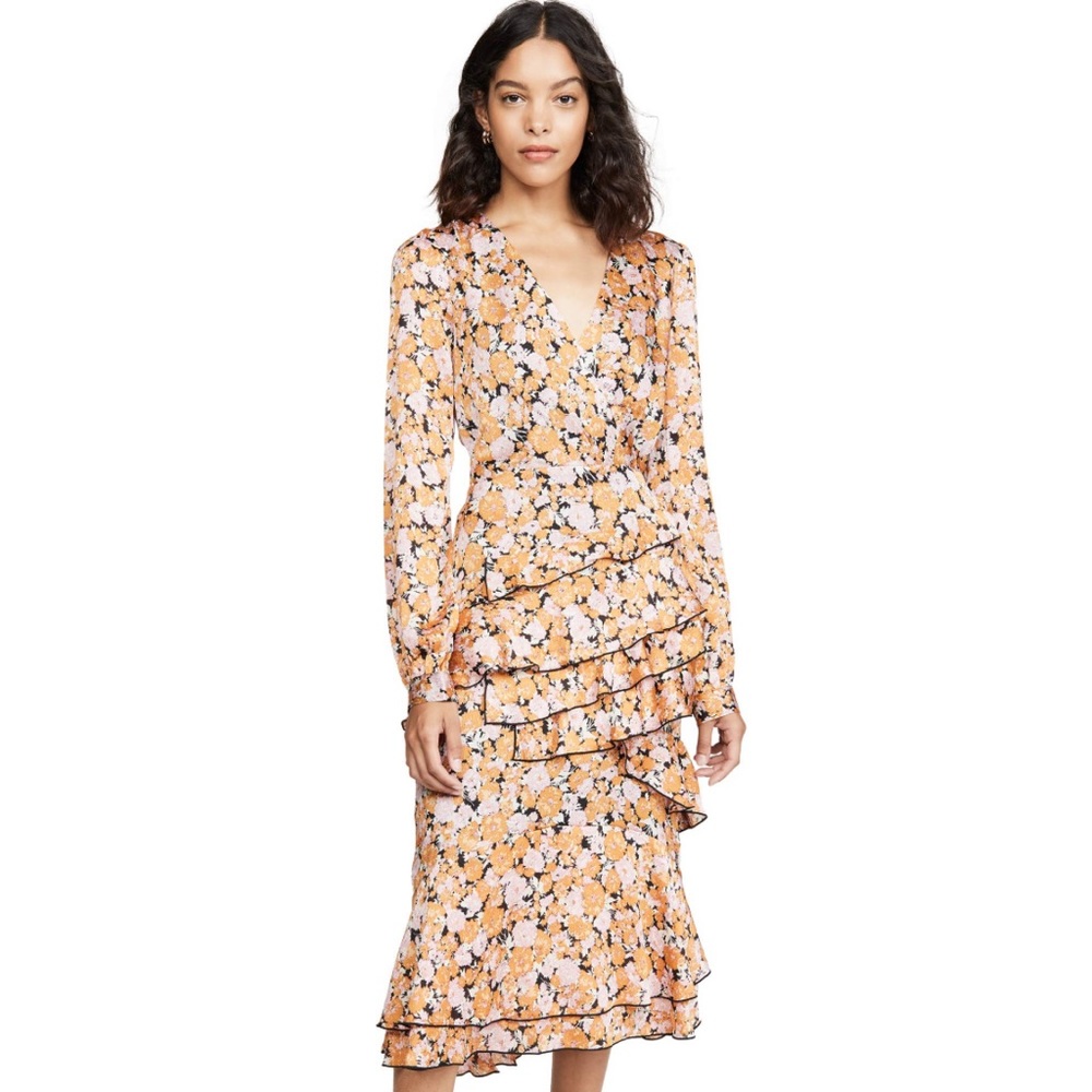 WAYF Nassau Tiered Midi Ruffle Dress Pink/Gold Floral